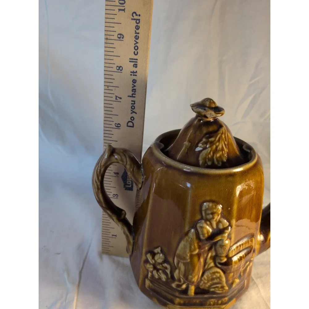 Vintage Brown Drip Glaze Teapot w/ Infuser Insert Relief Scene Japan Style Crack